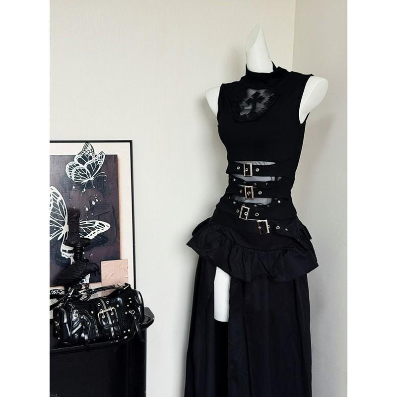 Womens Gothic Vintage 2-Piece Set Sleeveless Top High Waist Split Maxi Dress Slim Fit