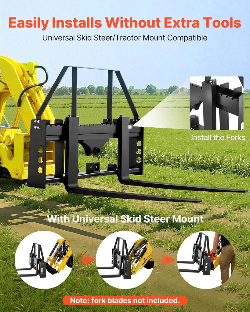 Skid Steer Pallet Fork Frame, 1814 Kg Rated Capacity, 115 Cm Pallet Fork Frame Attachments with 50.8 Mm Hitch Receiver & Spear Sleeves, Fit for Quick