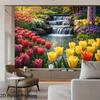 2D Flat Printed Tulip Backdrop, Vibrant Multicolor Tulip Garden with Waterfall Photo Background