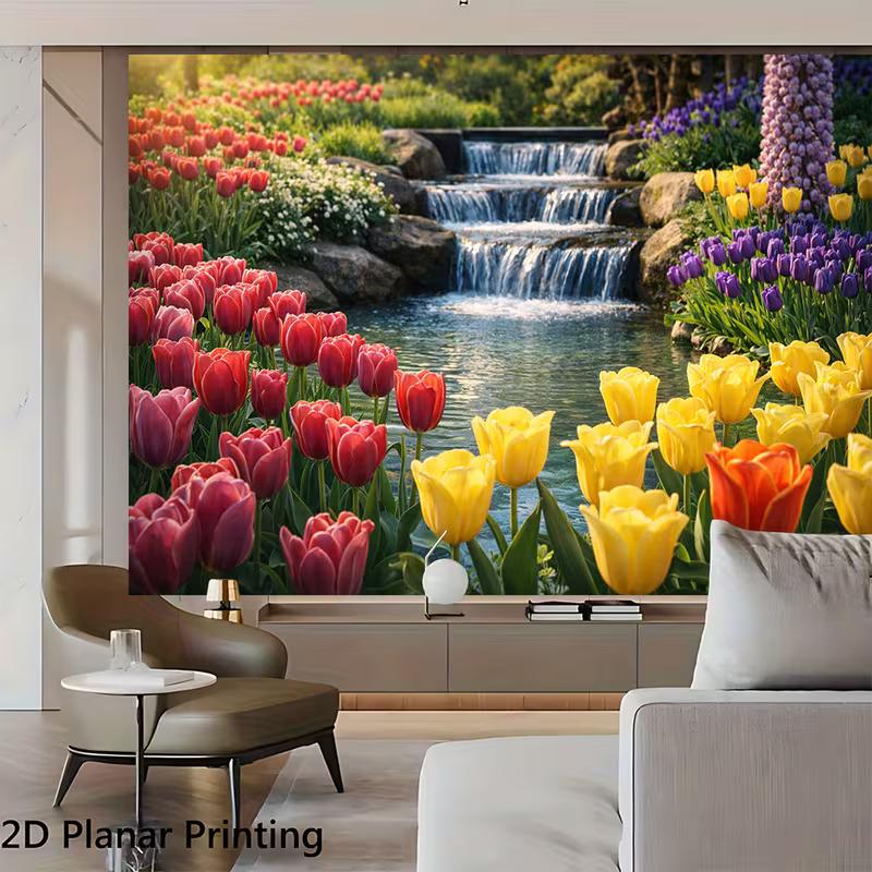 2D Flat Printed Tulip Backdrop, Vibrant Multicolor Tulip Garden with Waterfall Photo Background
