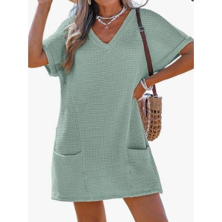 Women V Neck Short Sleeve Waffle Knit Dress Casual Loose Pocket Mini Sundress Solid Color Summer Beach Dress