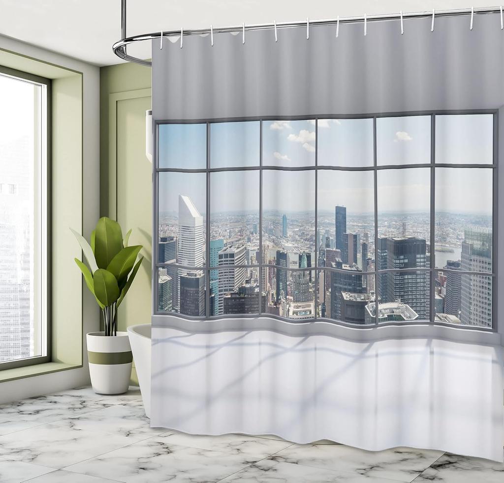 City Shower Curtain, Clean Office With Big Window Downtown Skyscraper Buildings Domestic Cityscape Art, Cloth Fabric B