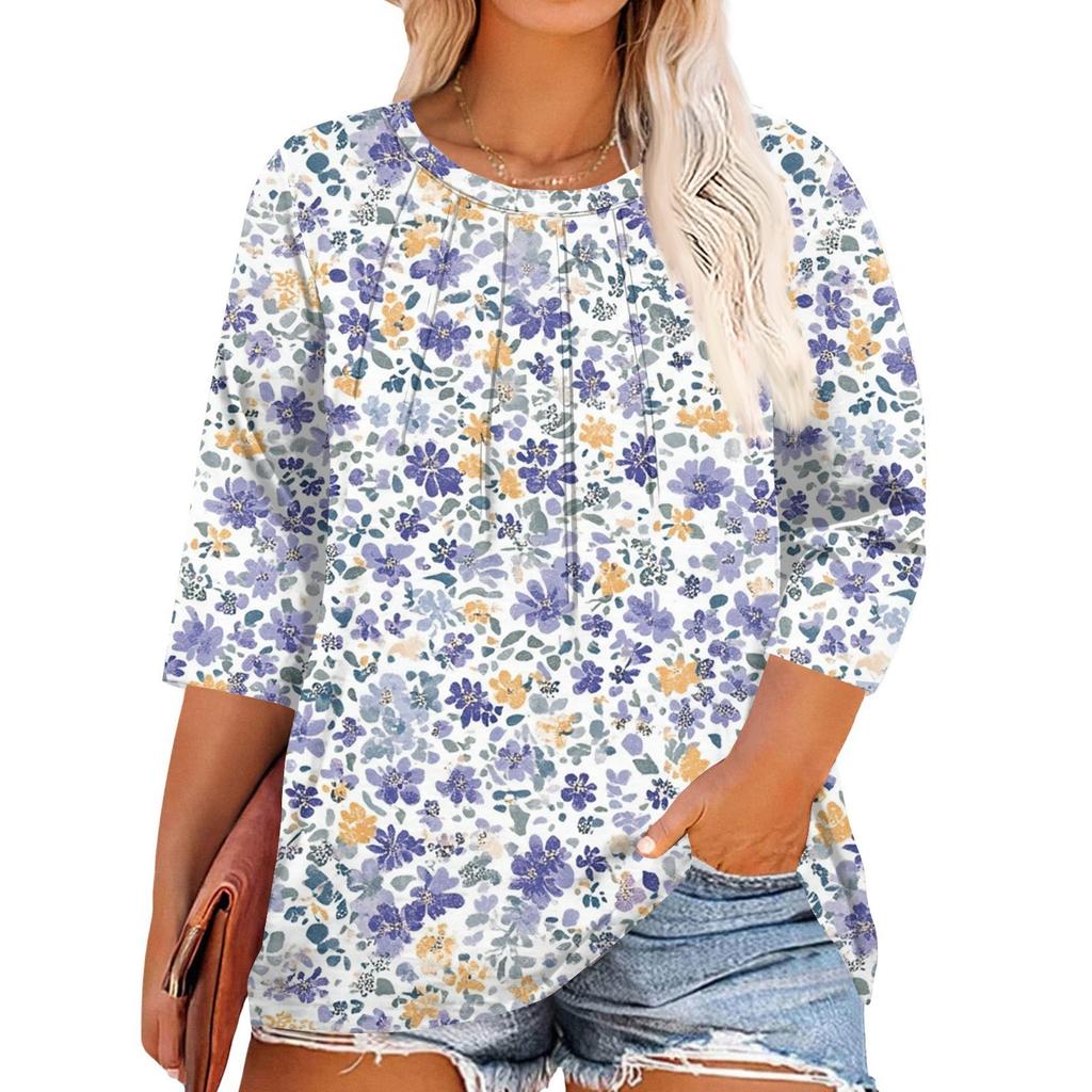 Women's Print Round Neck Plus Size Tops 3/4 Sleeves Elegant Shirt Tops