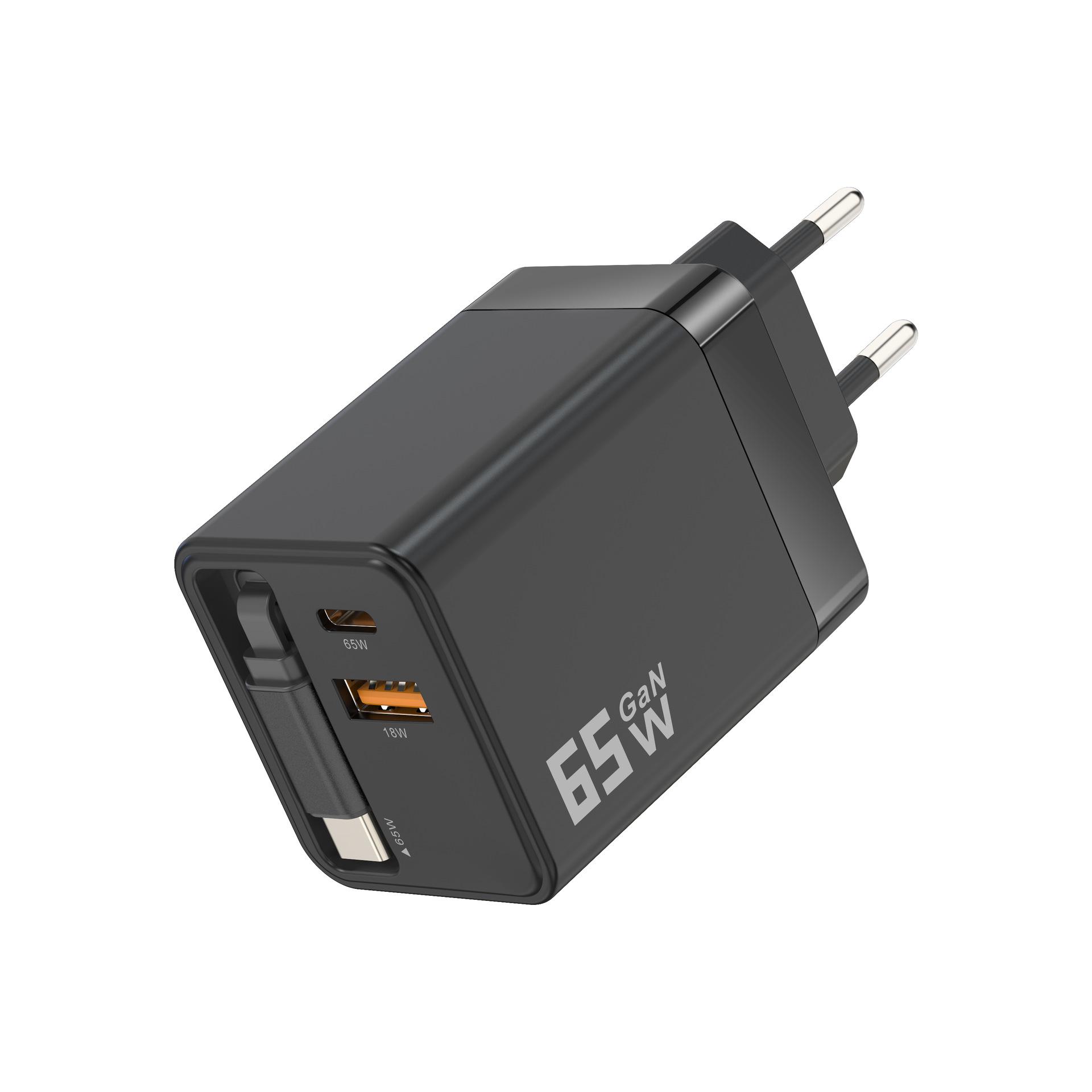 

65W Dual Port Type-C Retractable Cable Charger - CE Certified Adapter