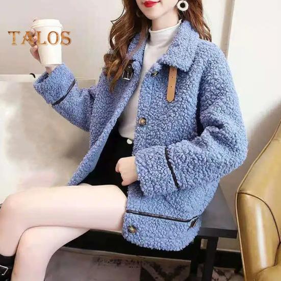 Zimowy damski płaszcz jednorzędowy kołnierz wykładany długie rękawy luźny gruby pluszowy kieszenie pasek ozdobny wiatroszczelna ciepła kurtka