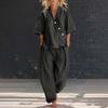Damen 2-teiliges Outfit: Lässiges Kurzarm-Top mit Knopfleiste und V-Ausschnitt sowie lange Hose mit Taschen, Loungewear-Set für den Sommer, locker geschnitten