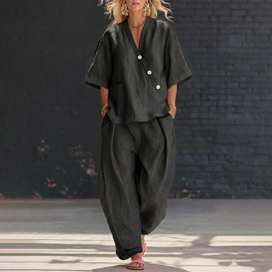Damen 2-teiliges Outfit: Lässiges Kurzarm-Top mit Knopfleiste und V-Ausschnitt sowie lange Hose mit Taschen, Loungewear-Set für den Sommer, locker geschnitten