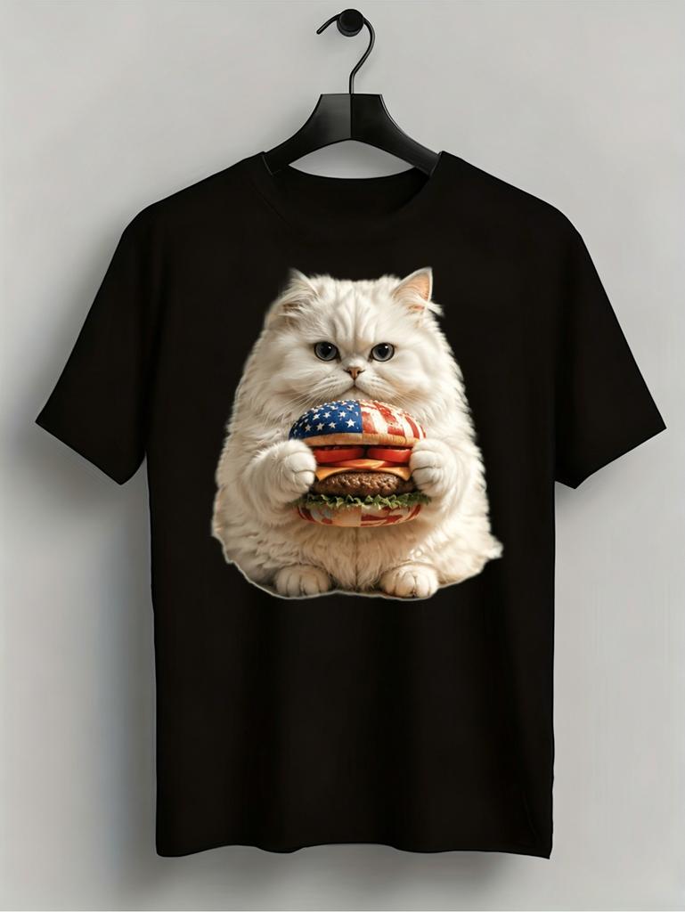 1pc Mens Graphic T Shirt Funny Patriotic Cat Holding USA Flag Pattern Burger Short Sleeve Crew Neck