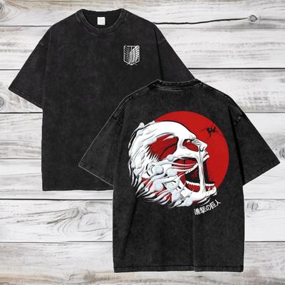 Attack On Titan Colossal Titan & Survey Corps Wings of Freedom Double Sided Graphic Print Vintage Washed Oversized Anime Streetwear T-Shirt