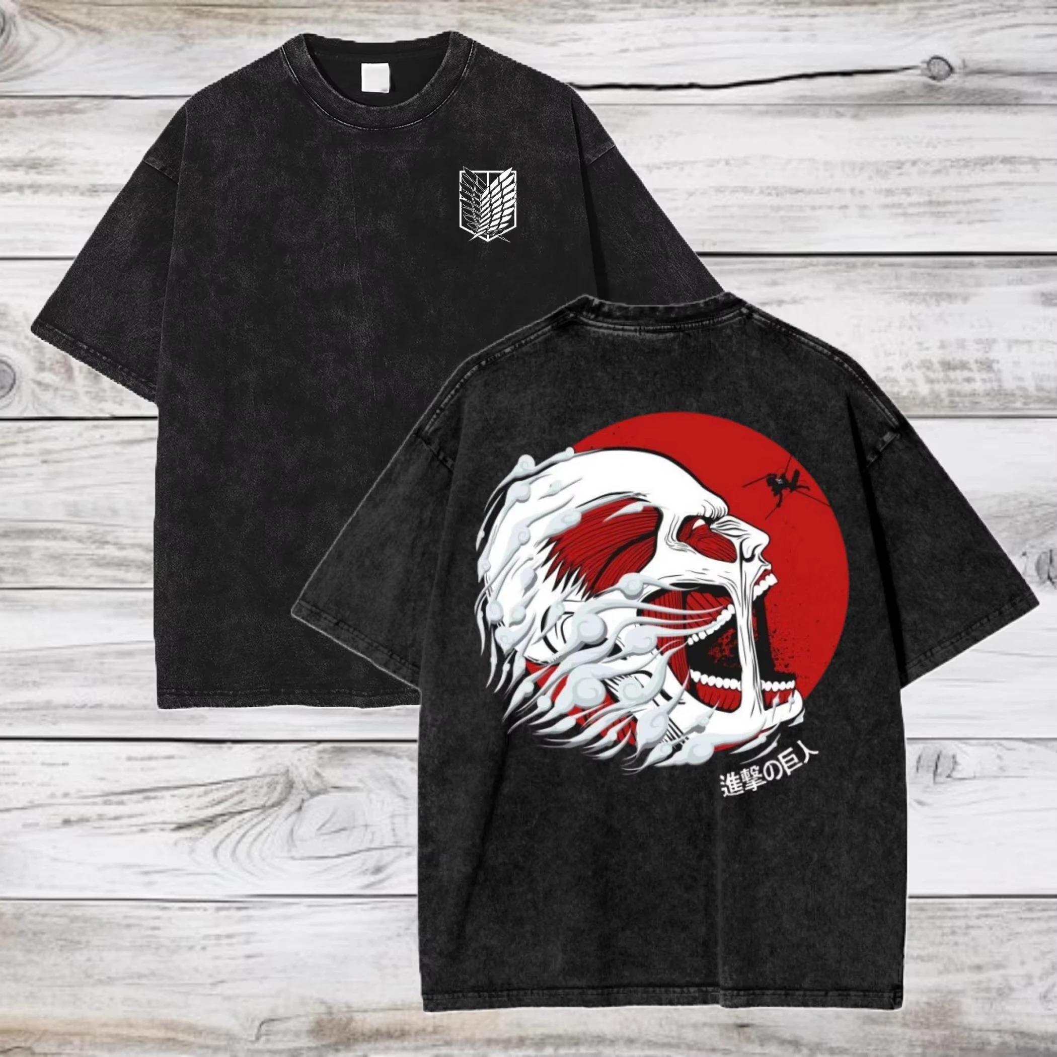 Винтажная стираная оверсайз футболка с коротким рукавом с принтом Колоссального Титана из «Атаки Титанов», эмблемой Крыльев Свободы Разведкорпуса и японским L
