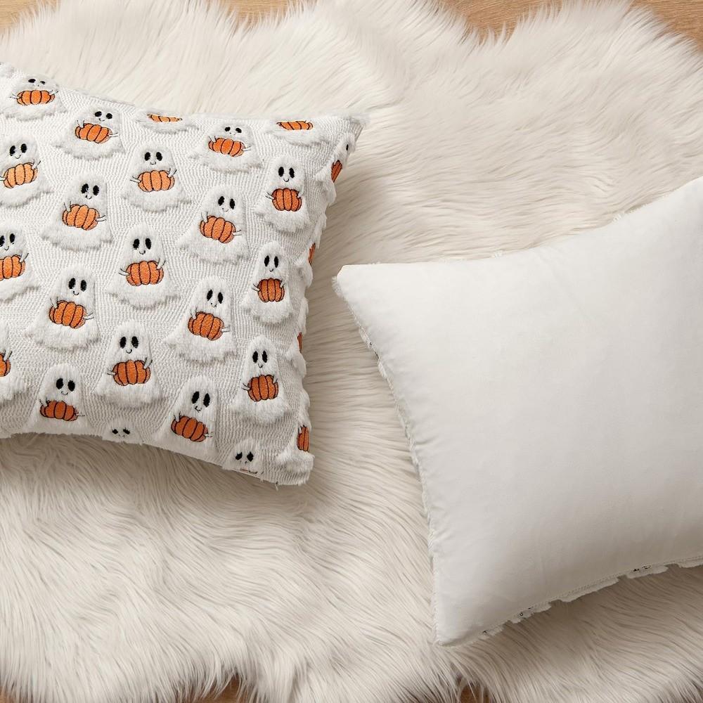 Square Throw Pillow Cover Ghost with Pumpkin Cushion Covers Plush Pillow Case  Halloween Decor
