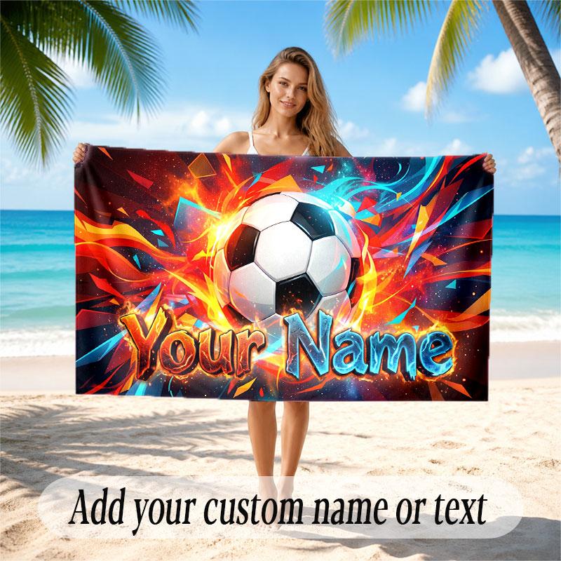 Soccer Theme Beach Towel Personalized Custom Name & Text Soft Quick Dry Beach Towel for Swimming Travel