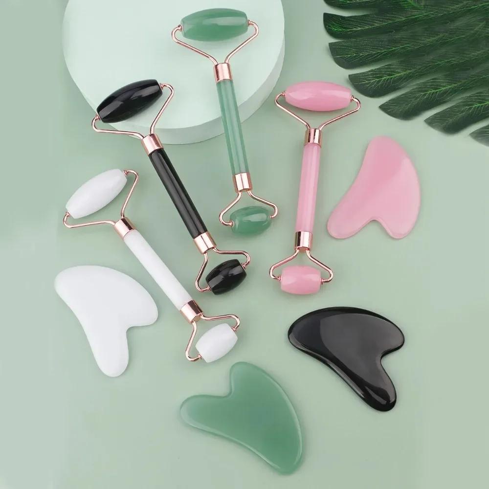 2Pcs Facial Massager Kit Resin Face Roller Guasha Board Beauty Scraping Massage Roller Face Lifting Neck Body Skin Care Tools