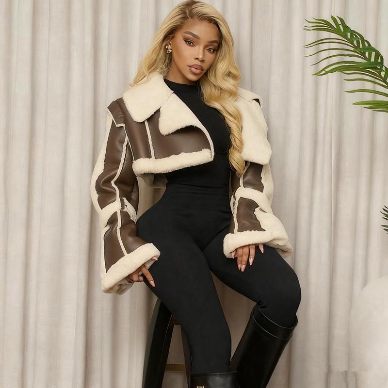 Giacca da donna in pelle PU con colletto in pelliccia, stile europeo, Autunno/Inverno 2025