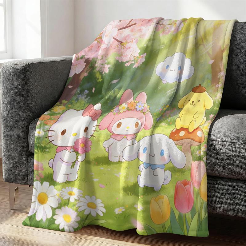 Sanrio Spring Forest Flannel Blanket Kawaii Hello Kitty Print Soft Warm Fluffy Throw Bed Sofa Cover Nap Office Shawl Summer