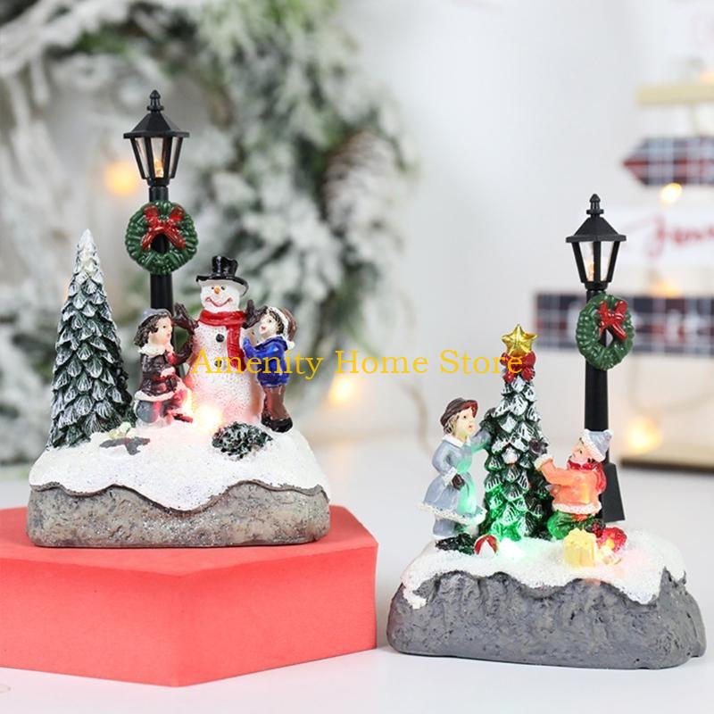 F26C Christmas Village Scene Xmas Tree Snowman Resin Ornament with LED Light Animated Street Lamp Miniature Statue Decoration