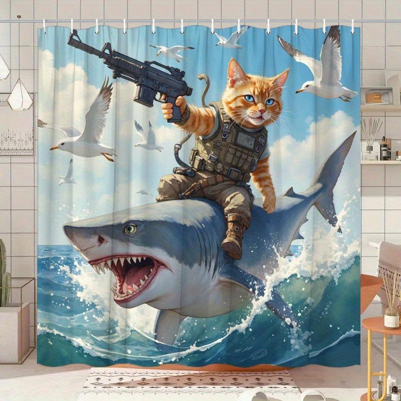 

Tactical Cat And Shark Patterns Shower Curtain Washable Dirt-Resistant Shower Head Waterproof Polyester Bath Curtain W60H190(CM)-1 Pcs