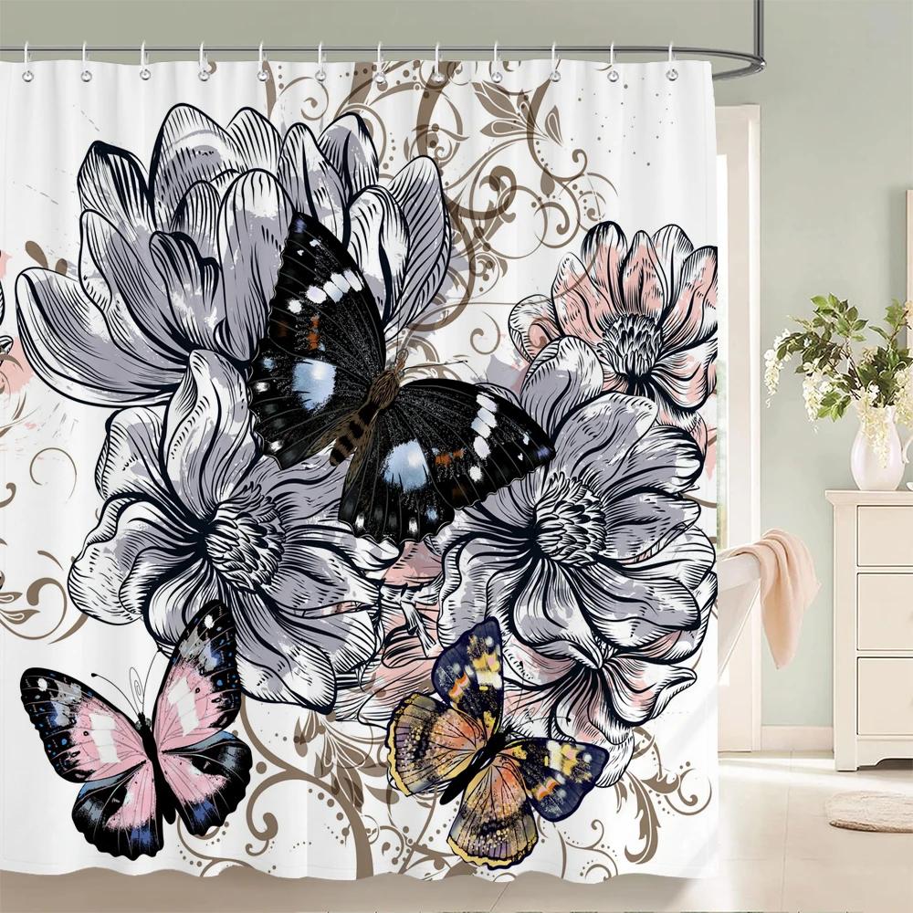 Beautiful Butterfly Shower Curtains Waterproof Fabric Colored Flowers Bath Curtain Bathroom Bathtub Decoration with Hooks