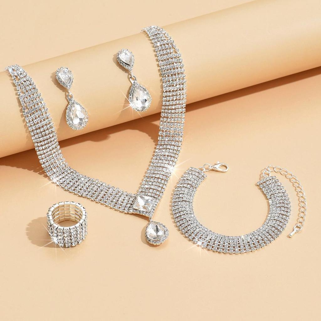 European-American Bridal Jewelry Set: Full Diamond Necklace, Earrings, Bracelet, Ring, Wedding Dress Accessories
