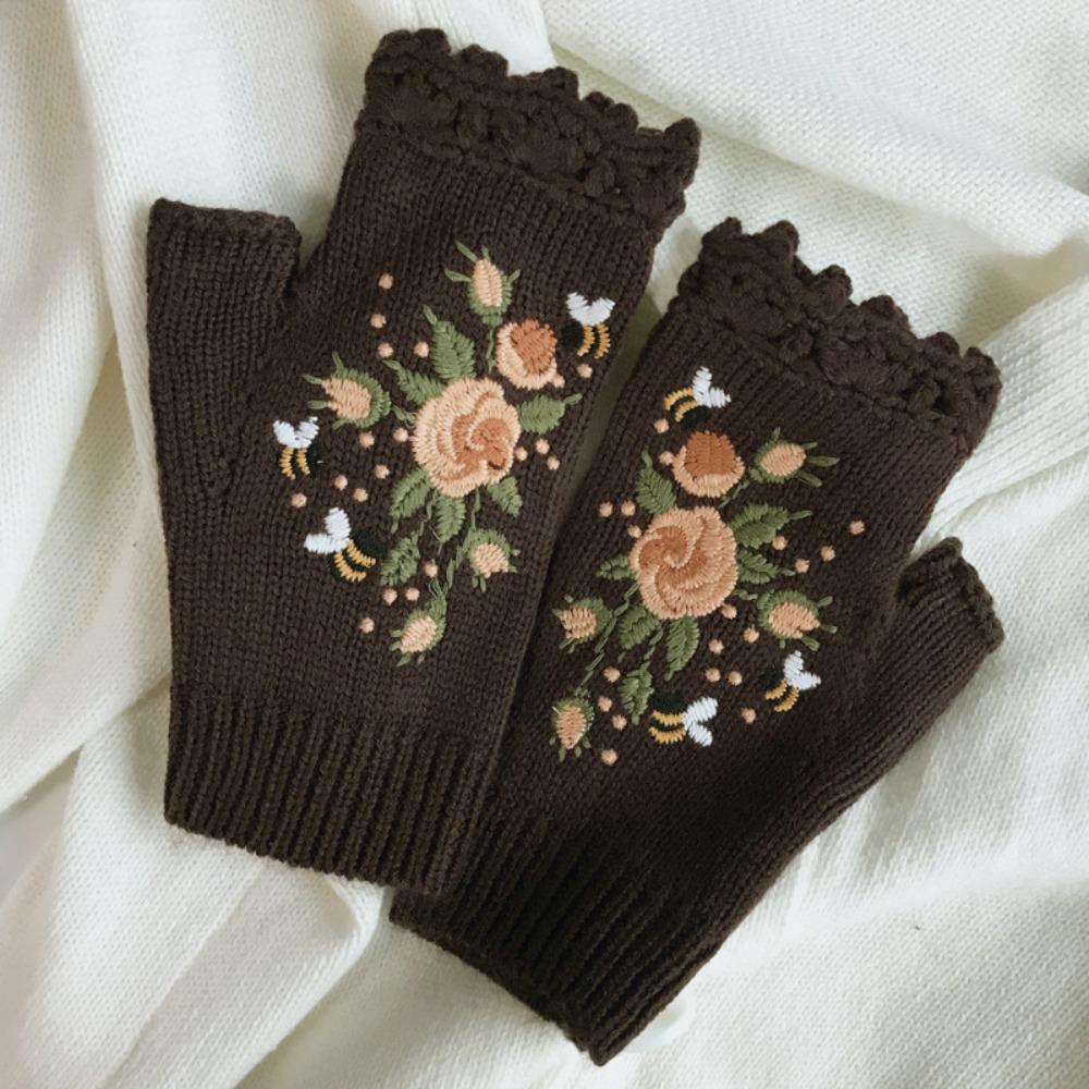 Vintage Embroidery Knitted Gloves Floral Fingerless Gloves All-Match Winter Wool Gloves  Outdoor