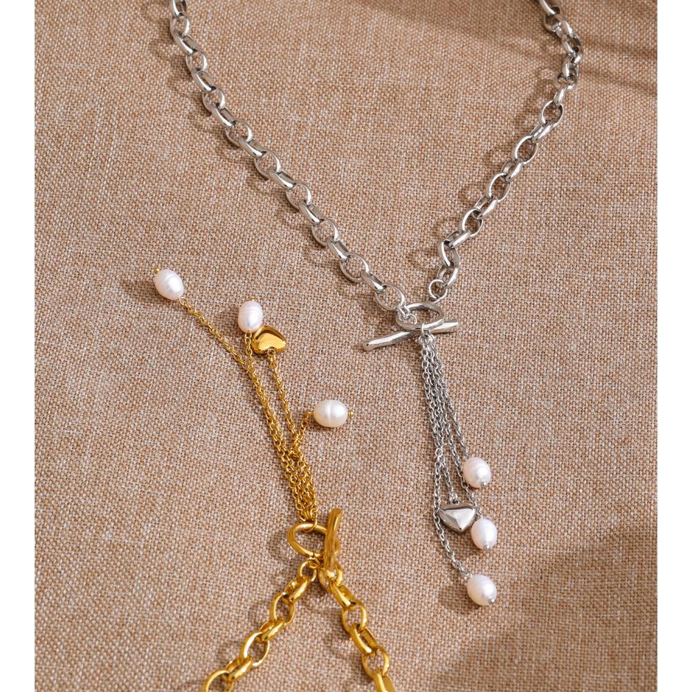 Yhpup 2026 Stainless Steel Natural Pearl Heart Tassel Chain Drop Necklace for Women Stylish Design Charm Jewelry Gift