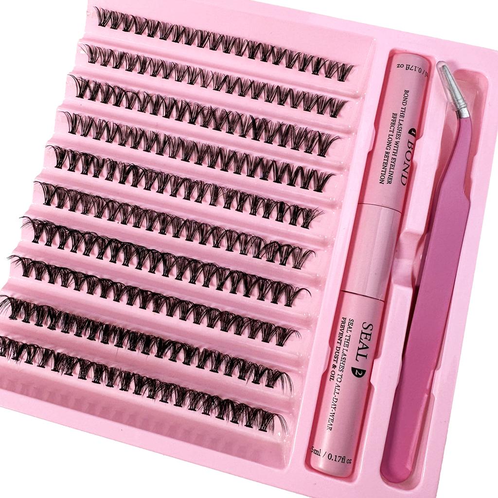 1Set DIY Clusters Lash Kit Full Set 8-16mm Mix Bond&Seal Tweezers Lash for Self Application Makeup Individual Eyelash Extensions