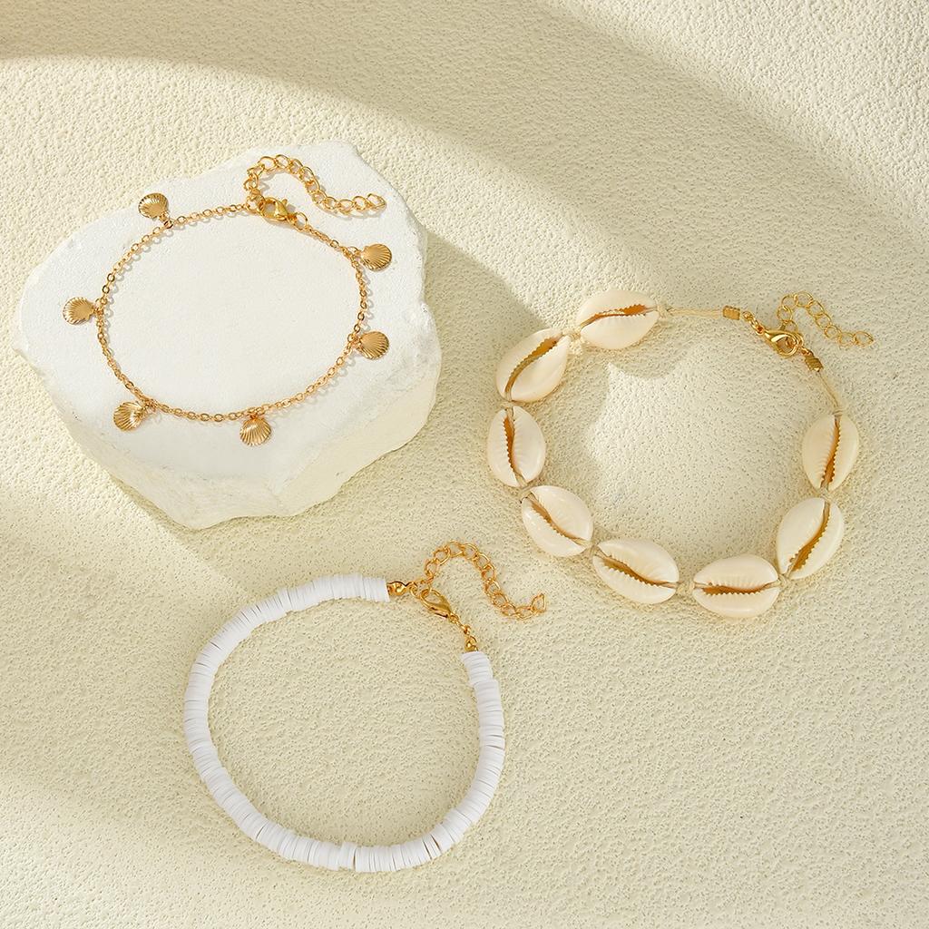 3Pcs/Set Bohemian Shell Conch Pendant Anklets Set For Women Trendy Summer Beach White Color Rice Beads Multilayer Anklet Jewelry