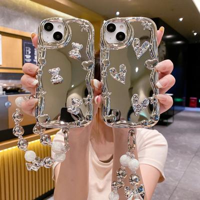Electroplating Mirror Suitable for Apple 15 Mobile Phone Case Love Bracelet IPhone13 16PRO Silver Bear Full Cover Soft Shell