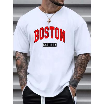 Bavlněné módní vysoce kvalitní pánské letní volné velikosti 100% bavlna Bostonský tisk Slim Fit ležérní kulatý výstřih s krátkým rukávem tričko top