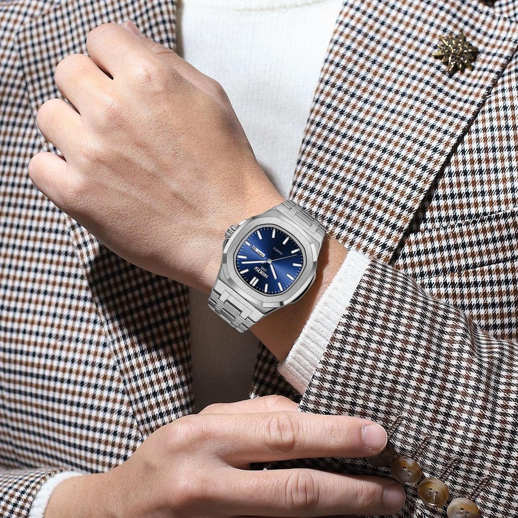 Waterproof Mens Square Quartz Watch Luminous Day Date Display Steel Strap Classic Casual Daily Wristwatch