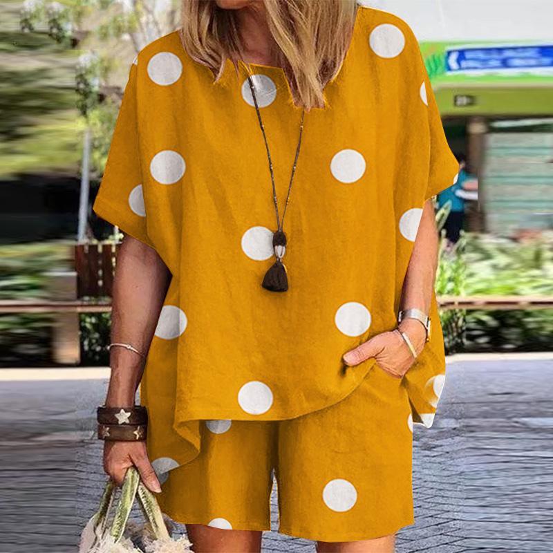 

Женский летний повседневный комплект, свободная футболка с коротким рукавом и шорты с точечным принтом, комплект из двух предметов XL жёлтый