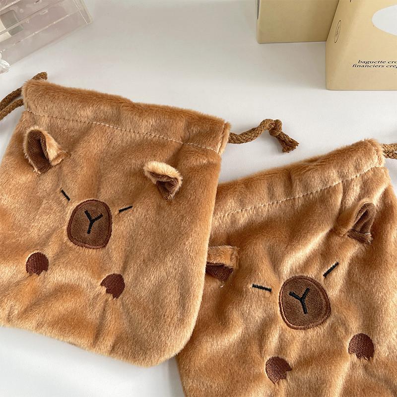Adorable Capybara Plush Drawstring Bag Large Capacity Portable Storage Pouch
