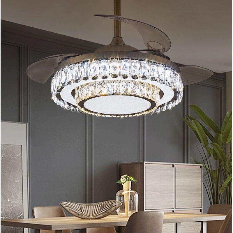 Crystal Fan Lamp Bedroom Dining Room Invisible Ceiling Ceiling Fan Lights Living Room Wind Mute Fan with Lights Chandelier
