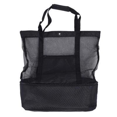 Black Mesh Beach Bag Insulated Zip Closure 2 Handles Reusable Lunch Bag for Picnic Camping