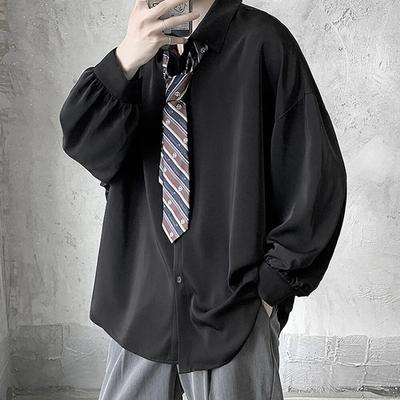 Camicie a maniche lunghe con cravatta nera gratuita da uomo camicette comode coreane camicia monopetto allentata casual maglietta da uomo Harajuku