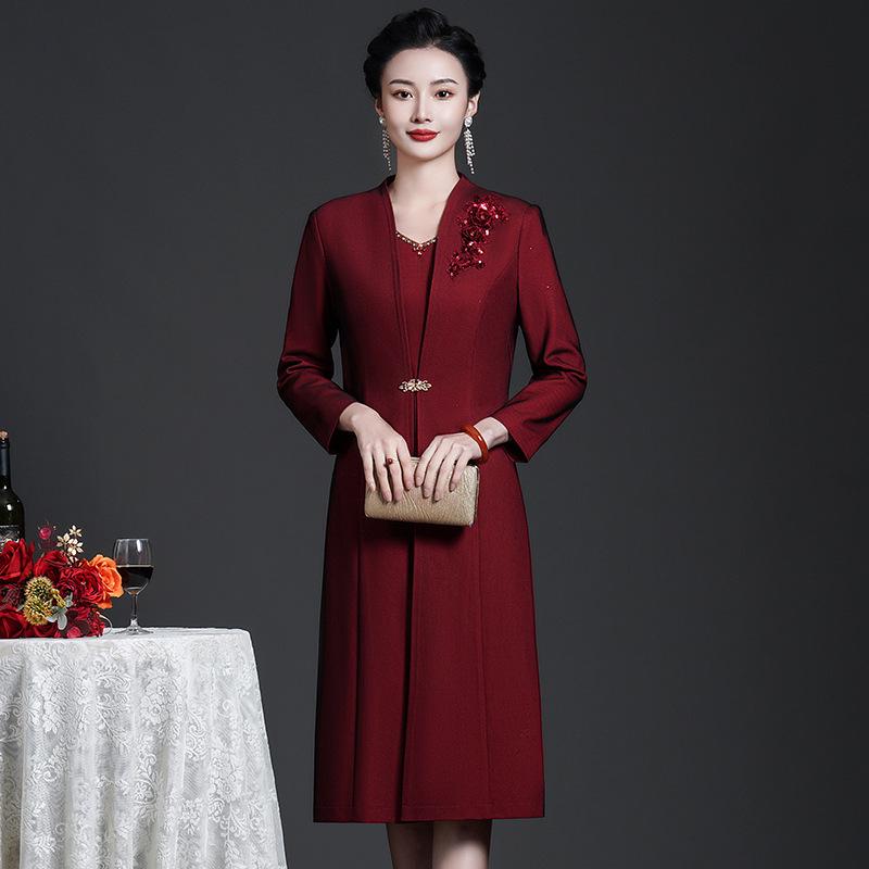 2022 Autumn/Winter Wine Red Women's Plus-Size Fleece Two-Piece Set for Middle-Aged & Elderly (Long Sleeve Jacket)