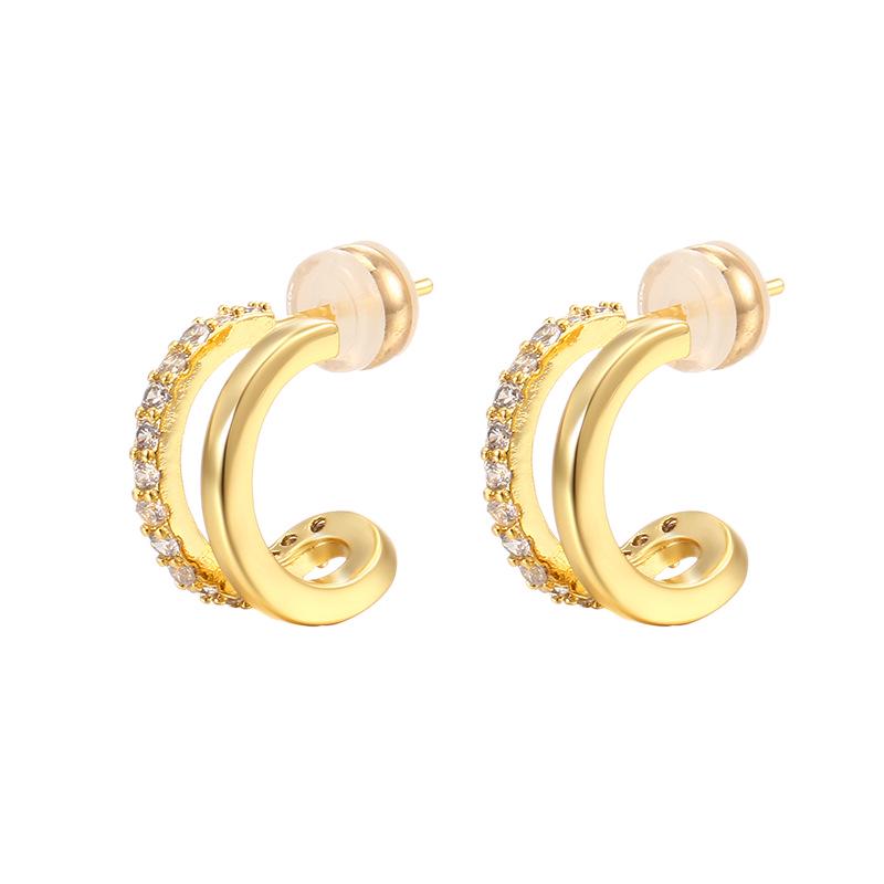 Elegant Double-Layered Rhinestone C-Shaped Earrings - Versatile Gold/Silver Ear Clips for Women