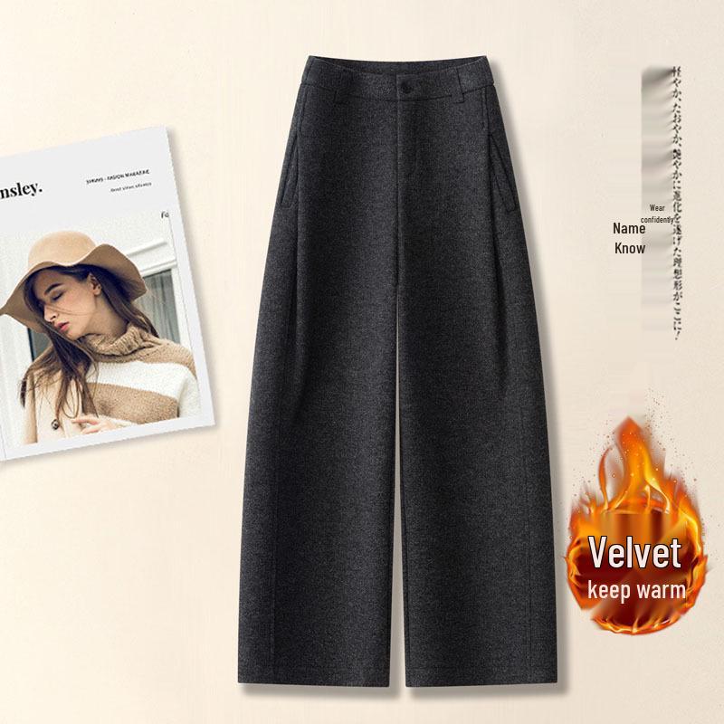 Women's 2025 High-Waist Pleated Wool Scimitar Pants: Autumn/Winter Wide-Leg, Plus Velvet, Warm, Casual, Banana Pants.