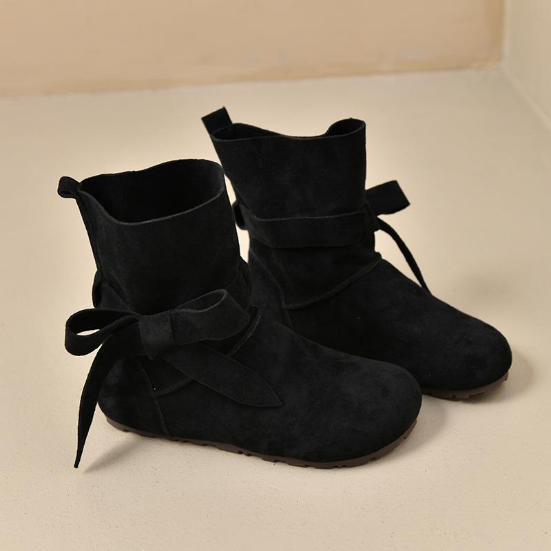 Retro lace-up round head soft bottom short tube women's autumn and winter new flat-bottomed pleated short boots