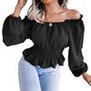Women Off Shoulder Long Sleeve Smocked Waist Ruffle Hem Blouse