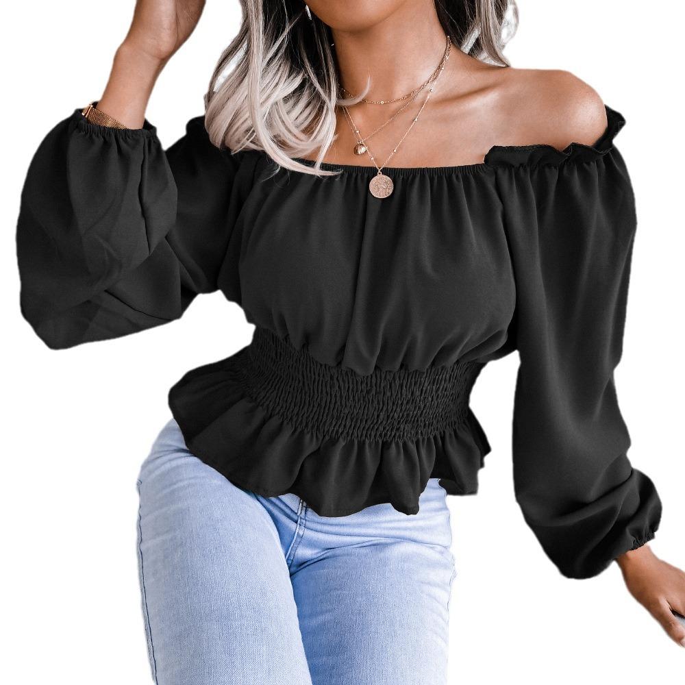Women Off Shoulder Long Sleeve Smocked Waist Ruffle Hem Blouse