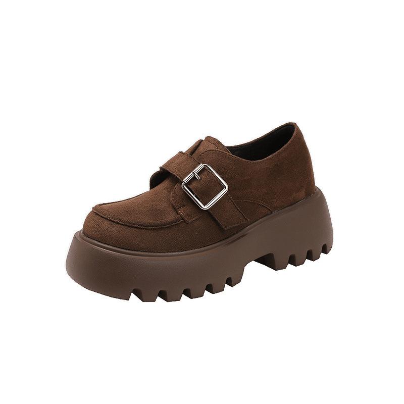 Round head metal one-word buckle with inner height increase thick sole brown loafer small leather shoes women's spring