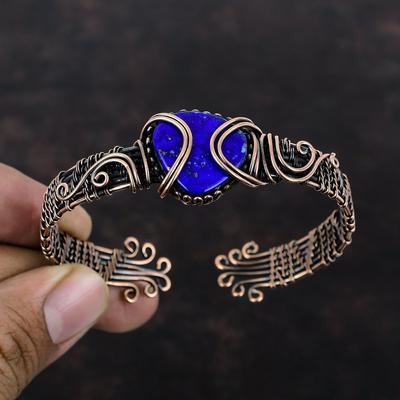 Bransoletka z lapisu lazuli, owinięta drutem miedzianym, regulowana bransoletka mankietowa, bransoletka z kamieni naturalnych, ręcznie robiona bransoletka, biżuteria z drutu miedzianego, prezent dla żony