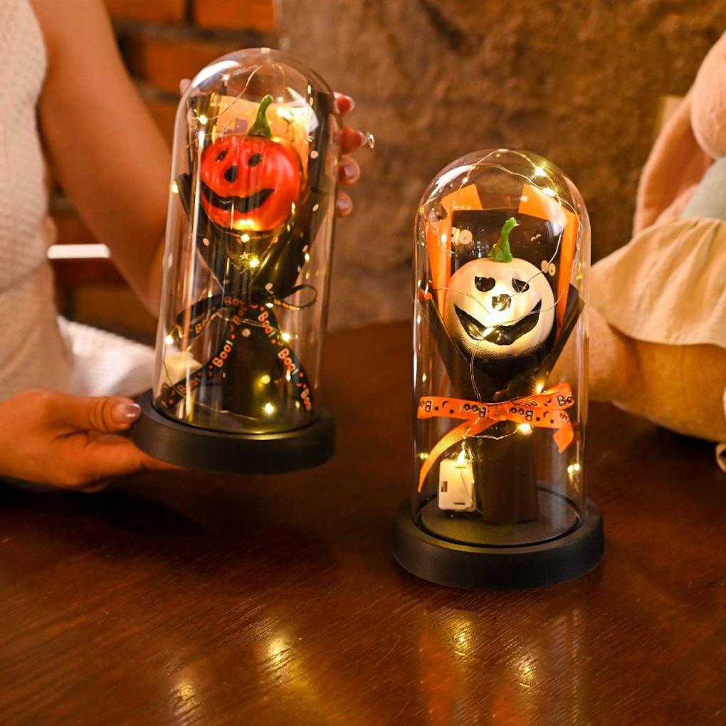 2025 New Halloween Lights LED Glass Dome with Artificial Plants Light-up Pumpkin Cloche for Home Kitchen Mantel Party Decor