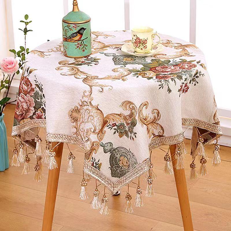 Luxury European Style Round Tablecloth with Tassel Embrodered Table Cover for Wedding Decor Christmas Round Table Cloth