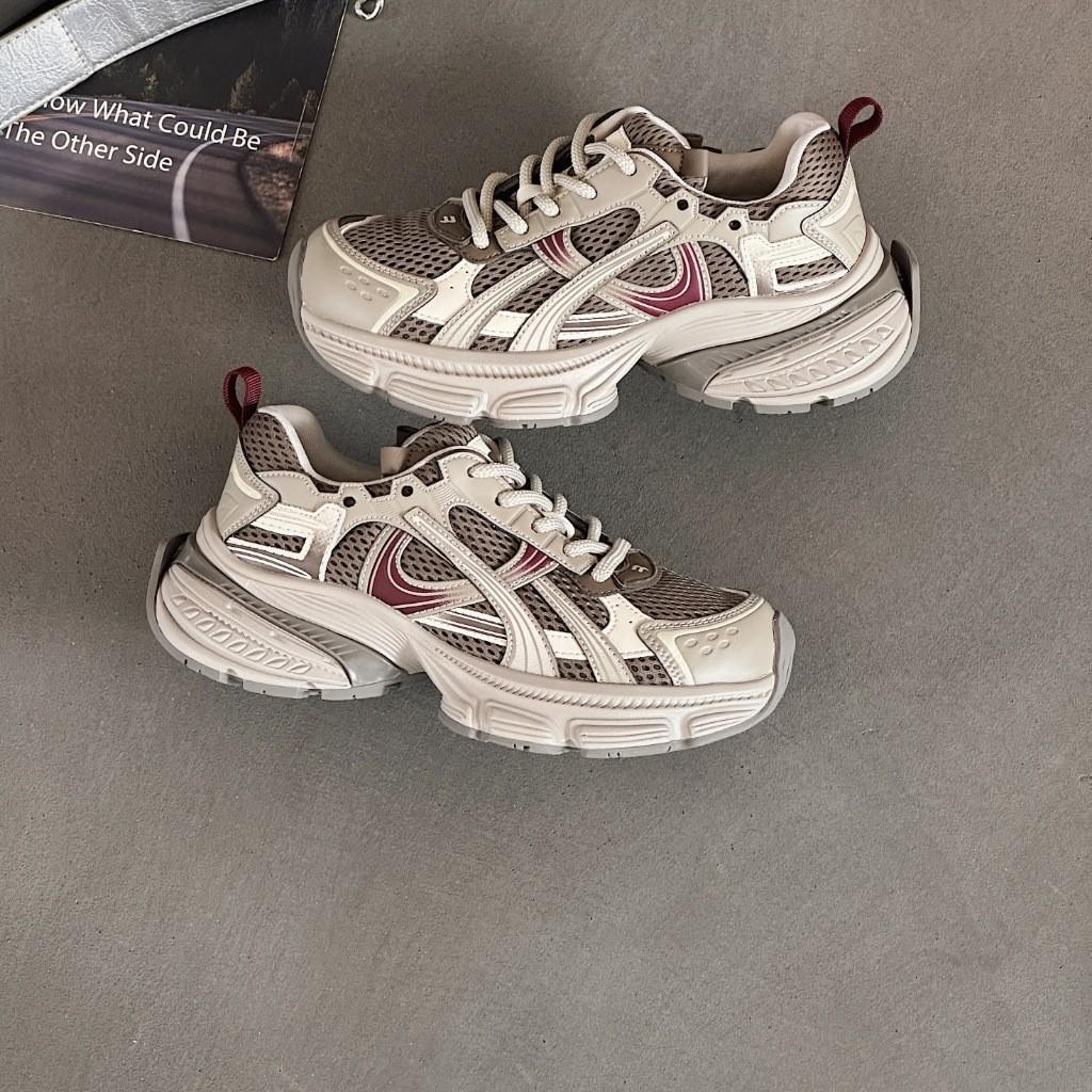 European thick-soled dad shoes for women 2025 autumn new leather mesh lightweight height increase casual sports shoes ins tide