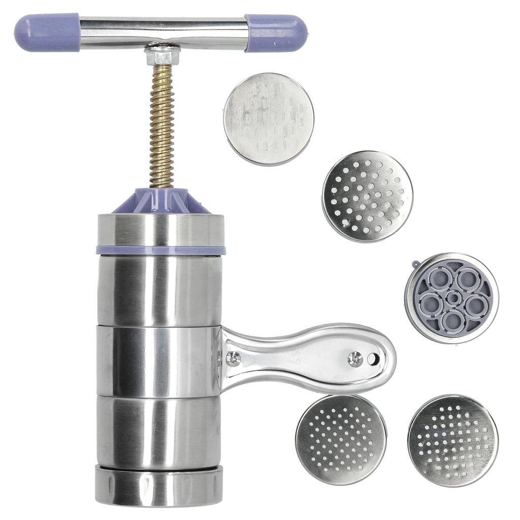 Stainless Steel Manual Noodle Maker Pasta Press Machine with 5 Mold Head Kitchen Accessory