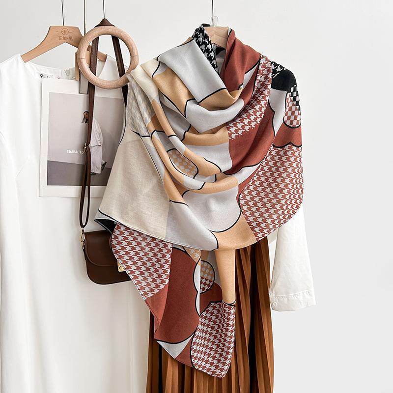 High value, simple and creative, geometric printed silk scarf, women's trendy and fashionable, high-end air-conditioned room temperament shawl