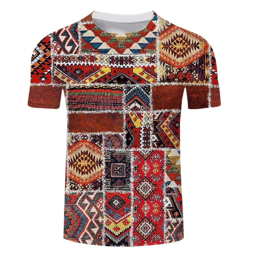 Summer Retro Türkiye Geometric Pattern T-shirt Loose Breathable Resort Style Short Sleeve