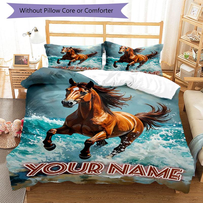 3PC Custom Name Horse Waves Bedding Set Duvet Cover Closure Includes 1 Duvet Cover & 2 Pillowcases for Bedroom